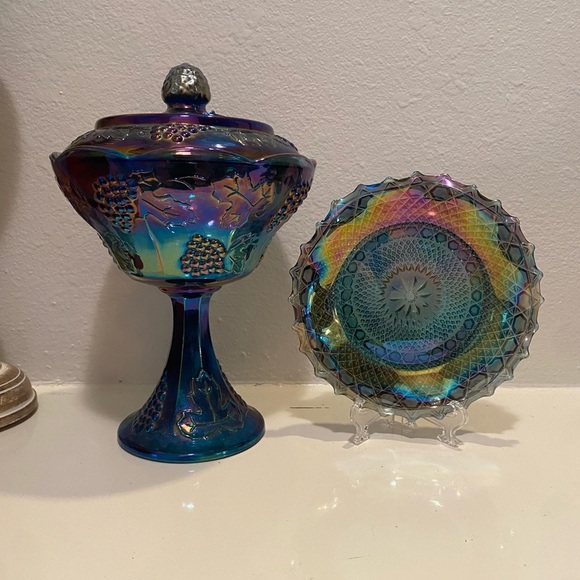 Vintage Indiana Glass 'Blue Harvest' Grape Cluster Pedestal Candy Dish & Plate - Picture 1 of 11
